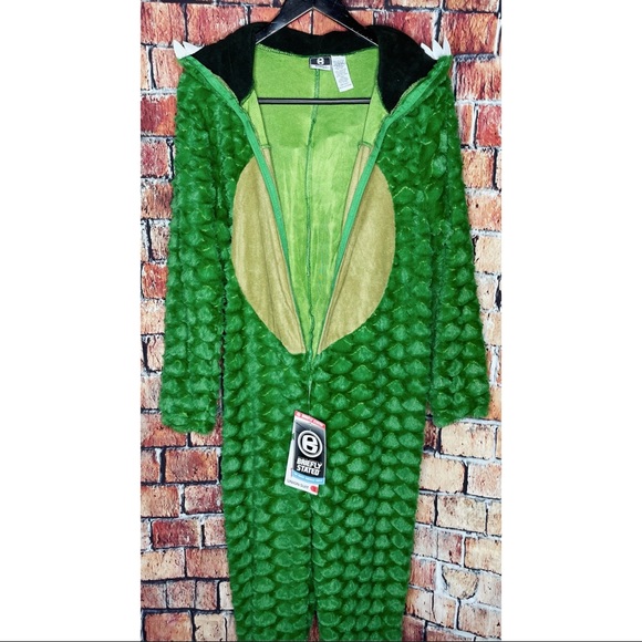 Briefly Stated Unisex T-Rex Dinosaur Green Soft Hooded Half Zip Union Suit Small - Picture 2 of 6